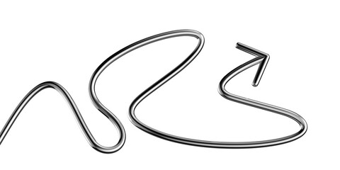 Metallic wriggling arrow 3D shape isolated. Futuristic chrome squiggle line arrow banner, abstract tangled curved pointer
