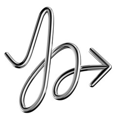 Metallic wriggling arrow 3D shape isolated. Futuristic chrome squiggle line twisted arrow, abstract tangled curved pointer