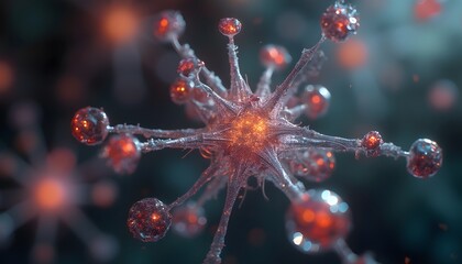 Abstract microscopic structure with glowing nodes and branching connections, a detailed look at a cell-like structure