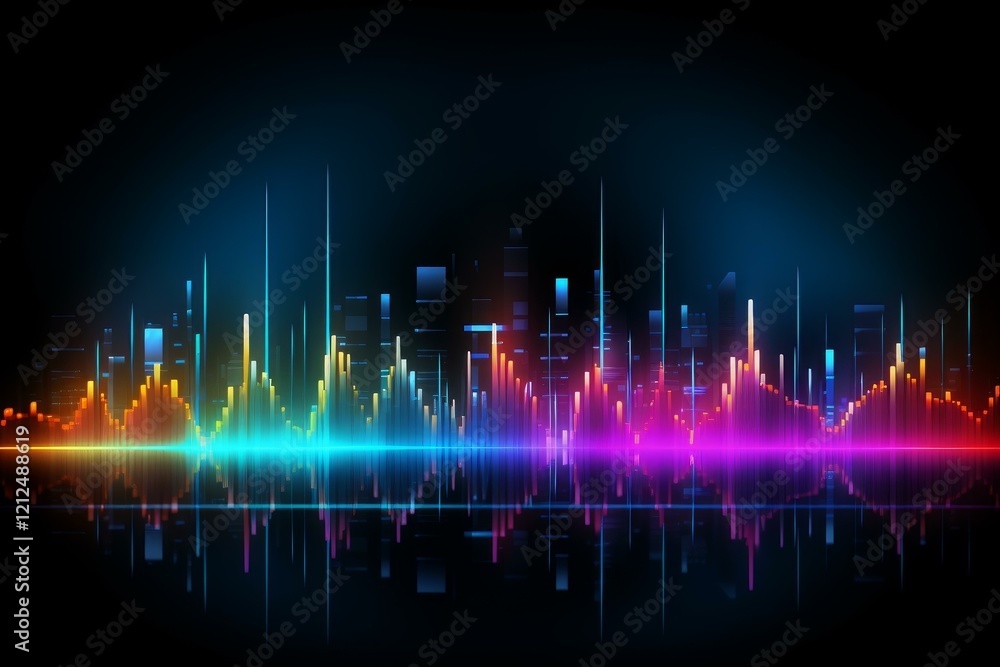 Poster audio spectrum visualization creating a futuristic cityscape with vibrant sound waves reflected on a