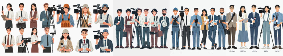 Obraz premium vector set of journalist characters with work equipment
