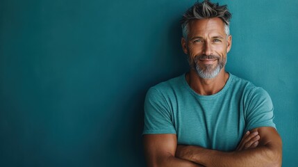 Fototapeta premium A cheerful man with tousled grey hair and a beard, standing casually against a teal backdrop, exudes warmth and happiness, inviting the viewer into his joyful moment.