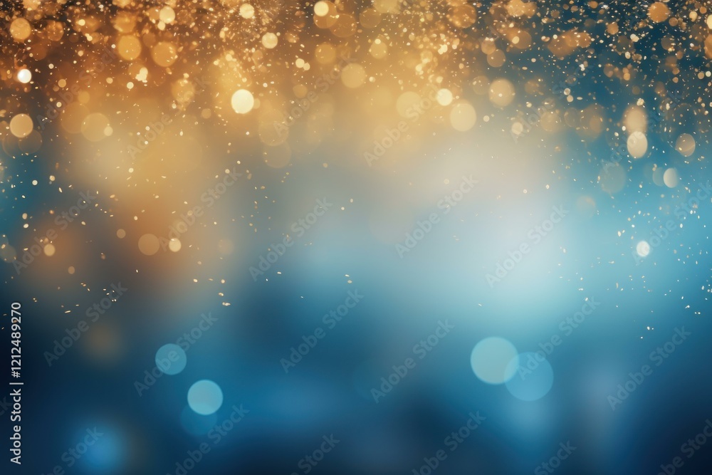 Poster abstract background with golden particles floating on a blurred blue and orange background, creating
