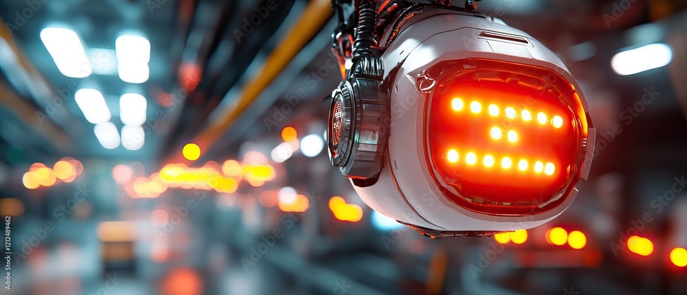 Poster a futuristic robotic eye with glowing red lights, set in a high-tech manufacturing environment, show