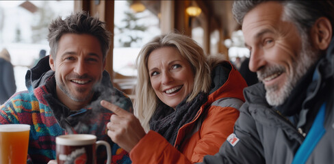 Obraz premium Ski resort friends warming hands, sharing laughter over steaming mugs inside rustic wooden chalet after skiing