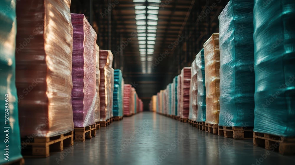 Poster an intriguing perspective showing rows of colorful wrapped pallets, emphasizing organization and the