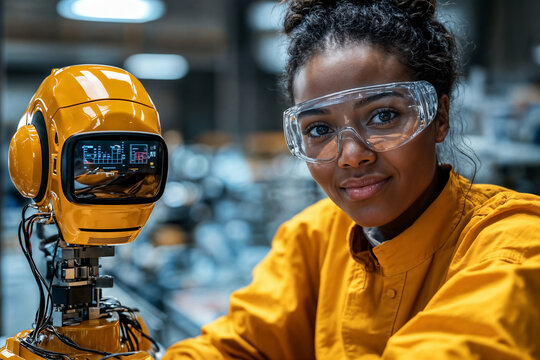 A skilled engineer works intently with a robot in a busy manufacturing facility.