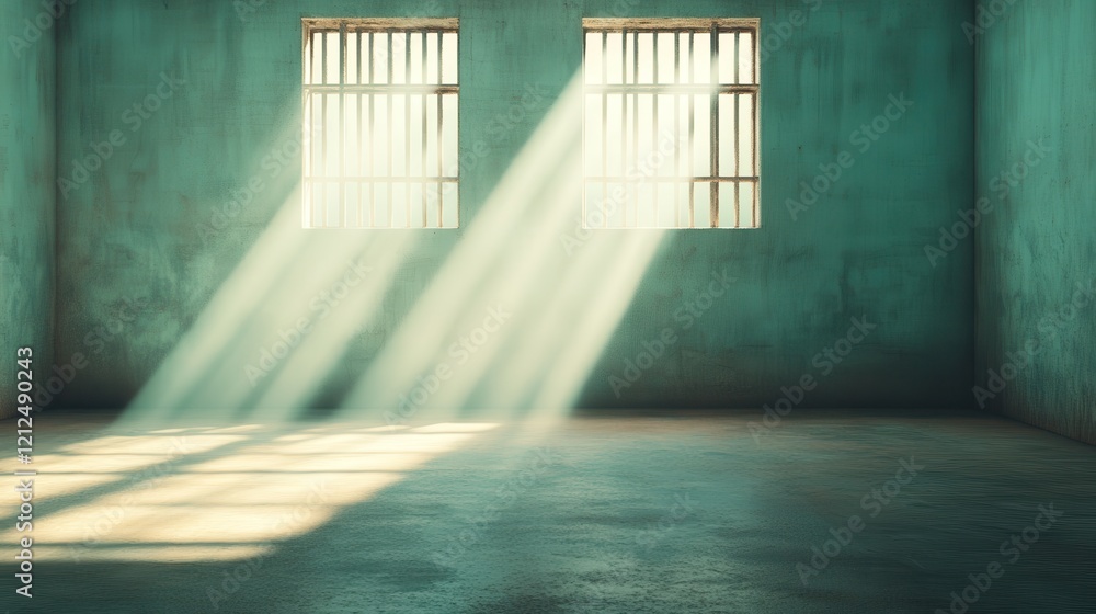 Poster an airy, bright room filled with light rays filtering through windows, creating a calm, open atmosph