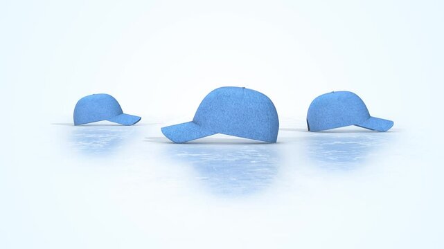 Baseball Caps on a Light Reflective Floor. Sports Caps 3D Animation. 4K