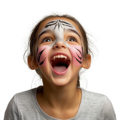 Joyful child with tiger face paint studio setting portrait photography bright background fun concept