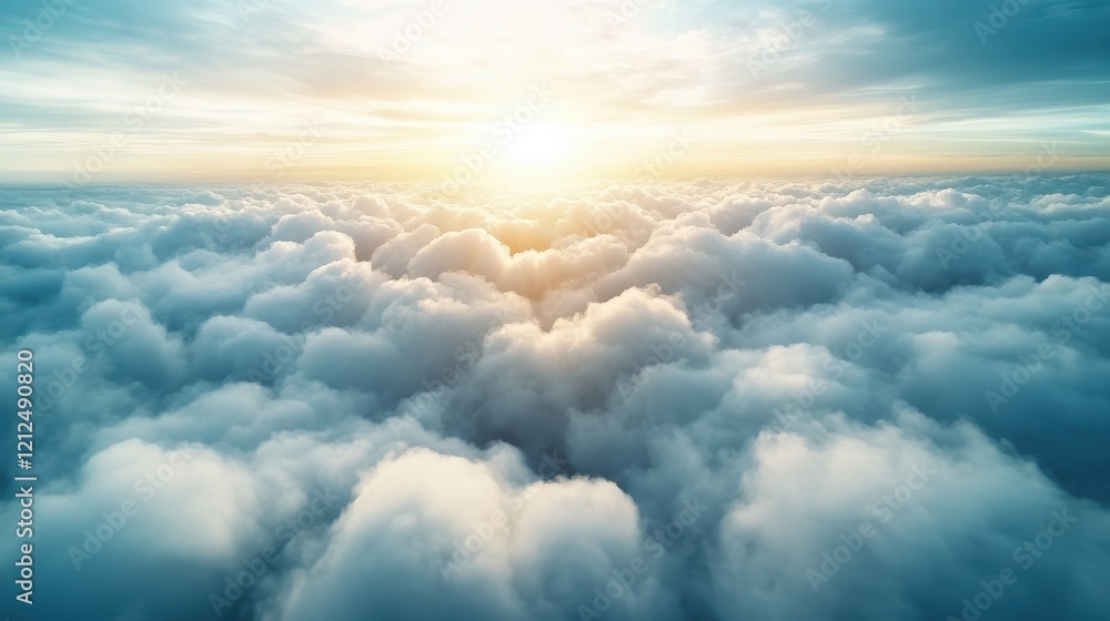 Poster a serene image depicting sunlight bursting through fluffy clouds, creating a tranquil and uplifting 