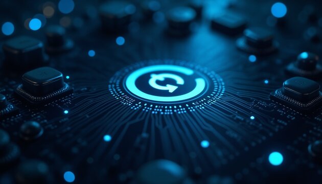 A futuristic circuit board glowing with a restart symbol in the center, surrounded by dim lighting and soft blue hues, representing a technological reboot