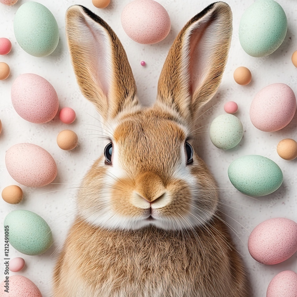 Poster a fluffy rabbit is surrounded by colorful pastel eggs, creating a festive and playful atmosphere.