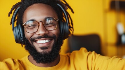 A smiling man wears headphones against a bright yellow backdrop, representing the joy of music and...