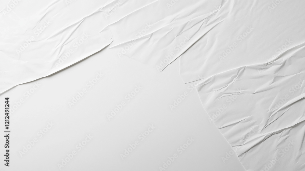 Aufkleber Minimalist high-resolution close-up of crumpled white paper surface. Smooth yet rippled texture with visible creases and folds. Even lighting enhances depth, realism, and tactile impression. A modern,