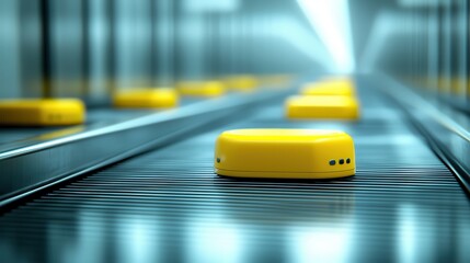 The airport conveyor belt system moves luggage efficiently. Automated yellow robots on a conveyor belt in a modern facility.