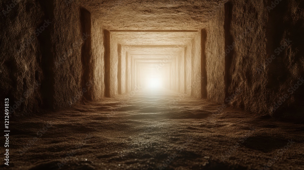 Poster a surreal tunnel illuminated by a bright light at the end, suggesting mystery and adventure while ca
