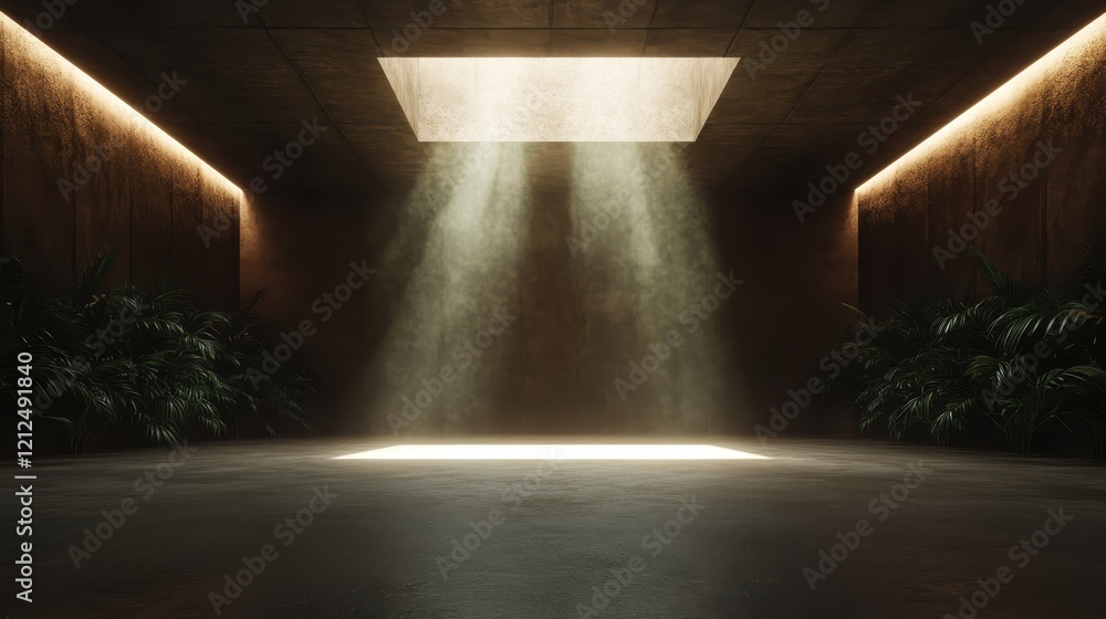Poster a contemporary room where light streams in through a ceiling opening, creating a serene atmosphere e