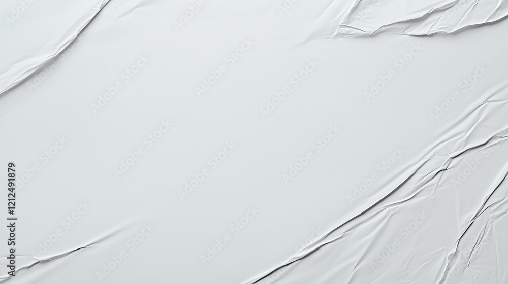 Poster Minimalist high-resolution close-up of crumpled white paper surface. Smooth yet rippled texture with visible creases and folds. Even lighting enhances depth, realism, and tactile impression. A modern,