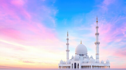 Naklejka premium White marble mosque with minarets stands under a vibrant pink and blue sunset sky.