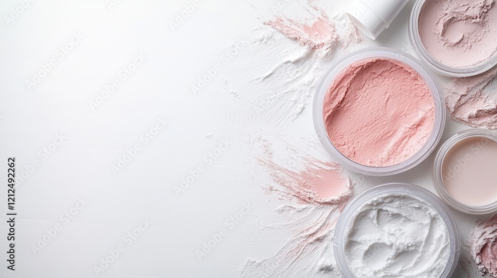 Poster an artistic layout of powdered textures with soft colors spread across a minimalistic surface, creat