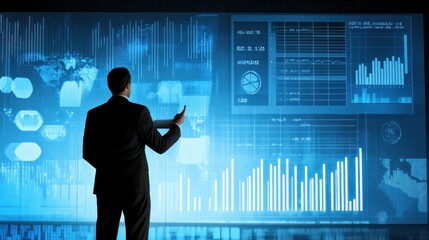 Businessman analyzing data on a large interactive screen showing graphs, charts, and world map.