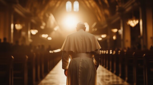 The Pope walks through a magnificent cathedral, illuminated by warm light streaming through ornate windows, embodying spirituality, faith, and a deep connection with the divine.