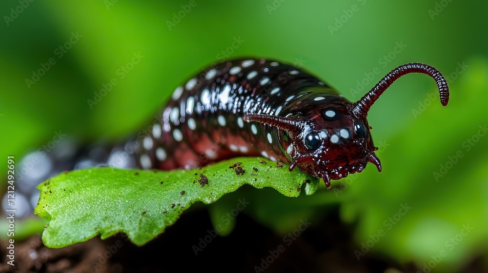 Poster a close-up of a colorful caterpillar resting on a leaf, showcasing its intricate patterns and vibran