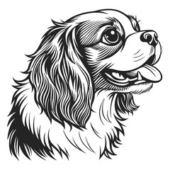 Detailed black and white illustration of a Cavalier King Charles Spaniel with expressive eyes and fluffy fur. Ideal for pet-related content