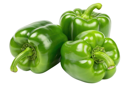 Three fresh green bell peppers isolated with transparent background