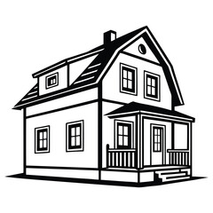 Black and white illustration of a cozy two-story house with a gabled roof, front porch, chimney, and multiple windows. Perfect for architectural design or real estate themes.