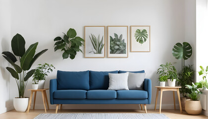 Naklejka premium ai of living room blue sofa design and photos frame on wall and with ray of light from window