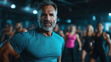 Obraz premium A confident older man displays his fit physique in a vibrant gym atmosphere, emphasizing health and vitality among a group of diverse fitness enthusiasts.