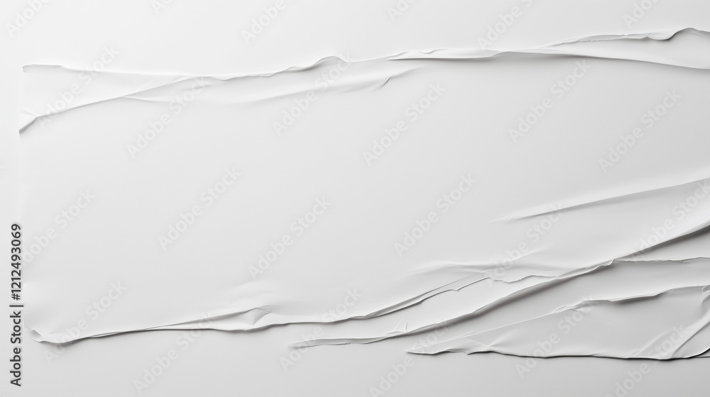 Poster Minimalist high-resolution close-up of crumpled white paper surface. Smooth yet rippled texture with visible creases and folds. Even lighting enhances depth, realism, and tactile impression. A modern,