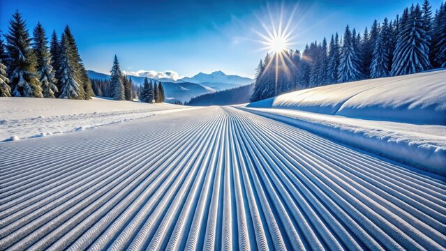 Fresh snow groomer tracks on a ski piste with parallel lines, frozen landscape