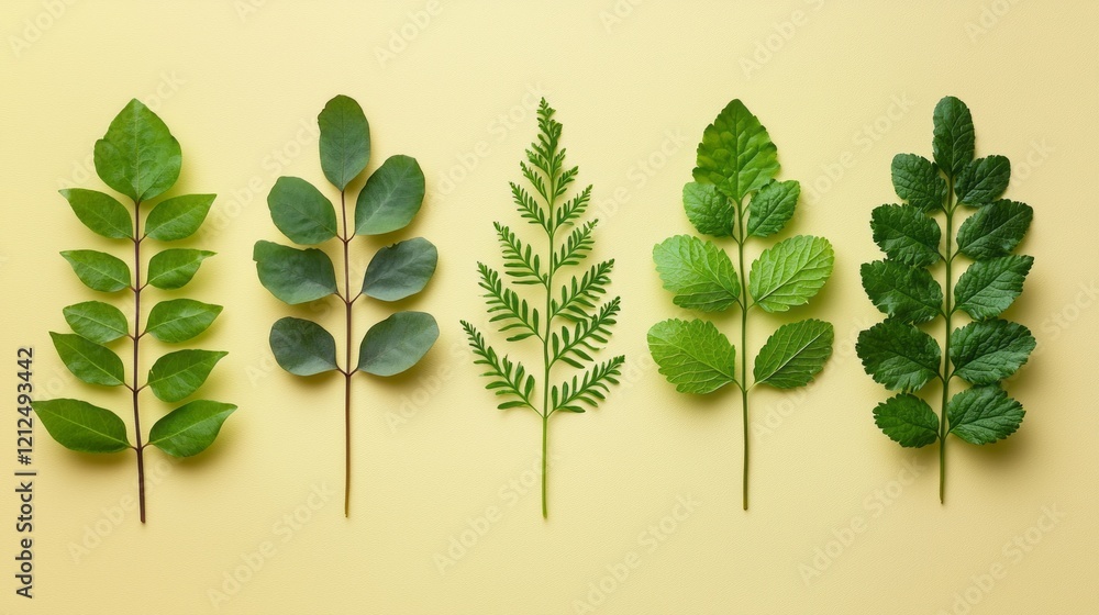Poster lush green leaves of various shapes and sizes lie gracefully on a soft pastel surface. this harmonio