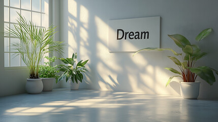 A sunny, minimalist room with tall windows, potted plants, and a "Dream" sign