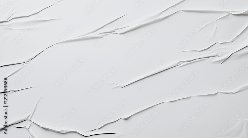 Poster Minimalist high-resolution close-up of crumpled white paper surface. Smooth yet rippled texture with visible creases and folds. Even lighting enhances depth, realism, and tactile impression. A modern,