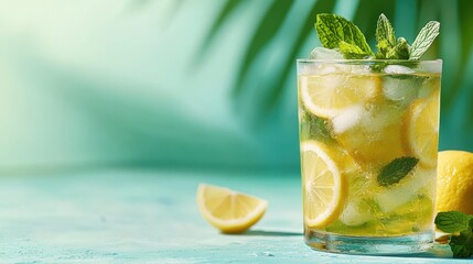 Fototapeta premium A chilled citrus drink featuring lemon slices and ice captures the essence of a cool summer refreshment, evoking feelings of relaxation and enjoyment.