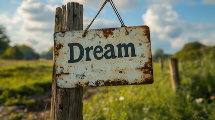 An old, rusty "Dream" sign hangs on a wooden post in a sunny, green field