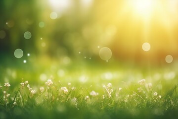 Obraz premium Green grass and wildflowers basking in the golden light of sunset, creating a serene and magical atmosphere