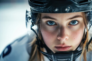 A girl in an ice hockey uniform is seen in close-up, her intense focus standing out against the softly blurred ice rink behind her.