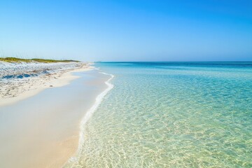 Crystal-clear waters meet soft white sands under bright blue sky