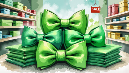 Colorful green bow ties showcased for St. Patrick’s Day sale, festive vibe, Watercolor Painting