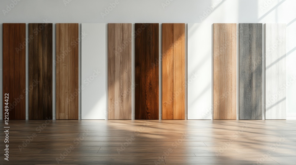 Poster in this image, an array of contrasting wooden panels captures sunlight, showcasing varying shades an