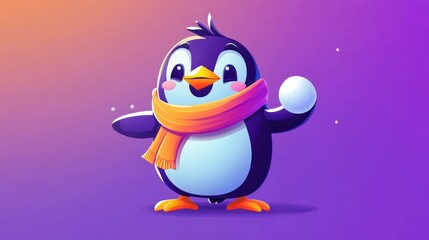 Obraz premium Cute Cartoon Penguin with Scarf Holding a Snowball on Colorful Gradient Background