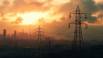 Urban high power poles connected to smart grid, energy supply, power distribution, power transmission, power transmission, high voltage supply, technology, community, city