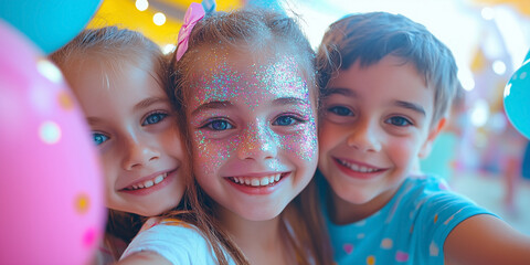 A group of girls with glittering faces capturing the excitement of the party with confetti everywhere. Celebrating with friends in the photo booth.