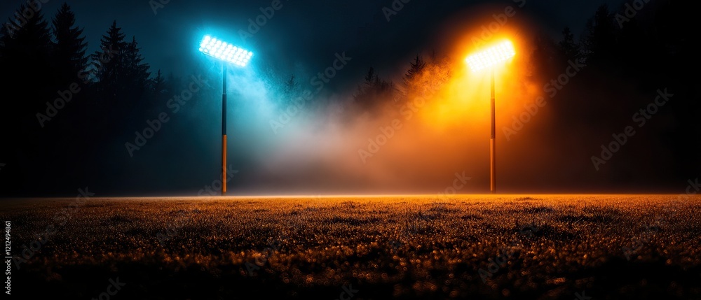 Poster two contrasting lights in a foggy night scene illuminate a field, creating a mysterious and atmosphe