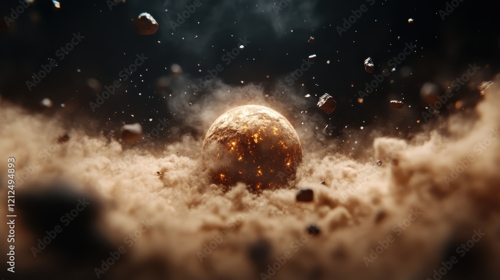 Poster a captivating image of a fiery planet enveloped by swirling cosmic dust and floating rocks in space,